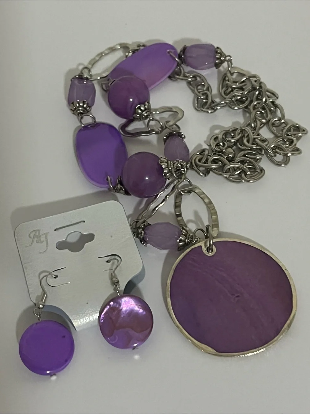 Purple Statement Necklace & Earrings Set | Silver Tone | Beaded Pendant